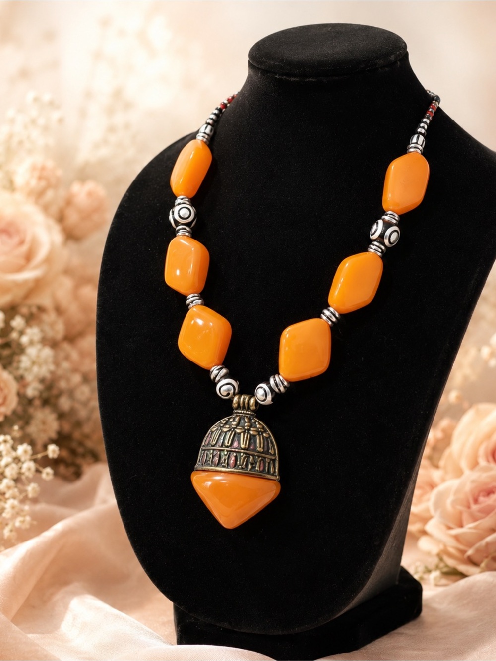 Orange Beaded Statement Necklace - Unbranded